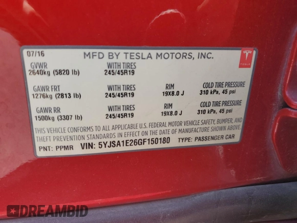 2016 Tesla Model S 90D with VIN 5YJSA1E26GF150180, listed as a Copart auction lot 59776265 with 141,218 mi miles and Salvage title. Bid and sale history available at DreamBid. Image 13.