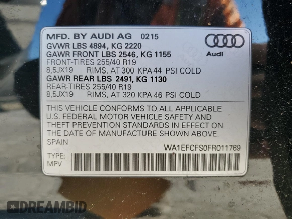 2015 Audi Q3 Premium Plus with VIN WA1EFCFS0FR011769, listed as a Copart auction lot 48183155 with 158,666 mi miles and Salvage title. Bid and sale history available at DreamBid. Image 15.