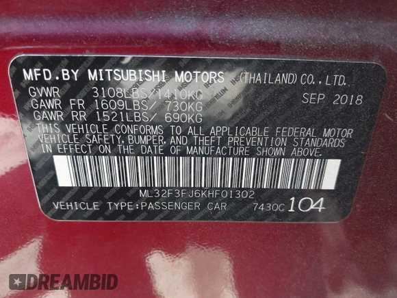 2019 Mitsubishi Mirage ES с VIN ML32F3FJ6KHF01302, выставлен на аукционе IAAI как лот 42090376 с пробегом 57 810 миль миль и . История ставок и продаж доступна на DreamBid. Изображение 9.