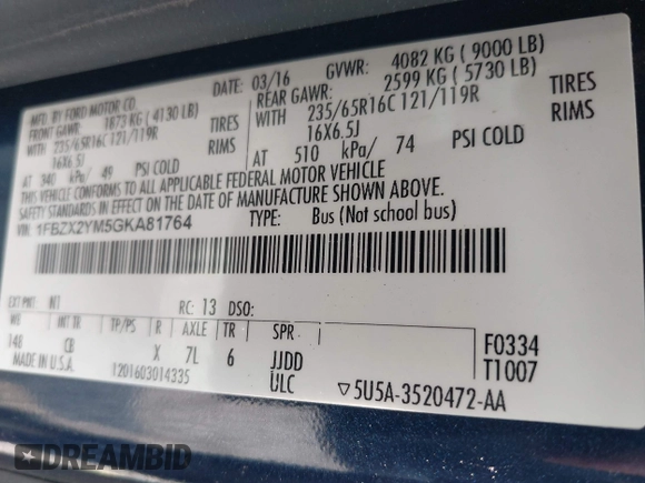 2016 Ford Transit XL with VIN 1FBZX2YM5GKA81764, listed as a IAAI auction lot 42450164 with 191,928 mi miles and . Bid and sale history available at DreamBid. Image 9.