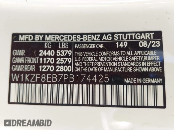 2023 Mercedes-Benz E 350 with VIN W1KZF8EB7PB174425, listed as a IAAI auction lot 41640978 with 20,810 mi miles and . Bid and sale history available at DreamBid. Image 9.