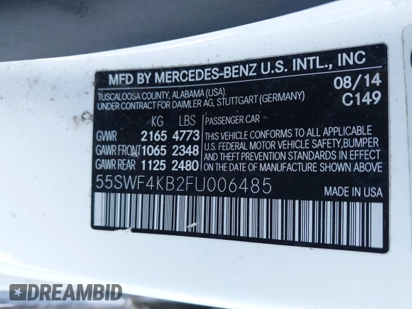 2015 Mercedes-Benz C-Class C 300 Luxury with VIN 55SWF4KB2FU006485, listed as a IAAI auction lot 41577703 with 116,099 mi miles. Bid and sale history available at carsss.com. Image 9.