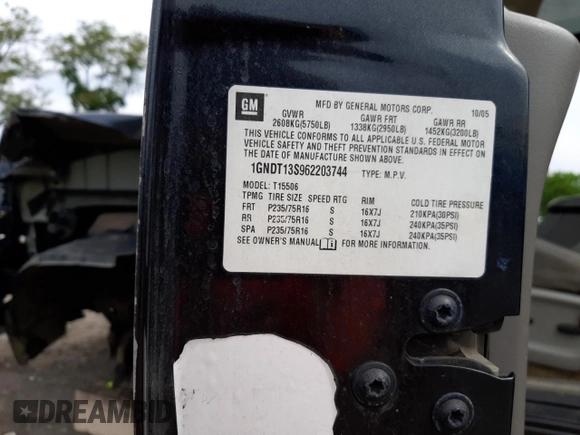 2006 Chevrolet TrailBlazer LS with VIN 1GNDT13S962203744, listed as a Copart auction lot 40953483 with 235,276 mi miles and Salvage Title. Bid and sale history available at DreamBid. Image 10.