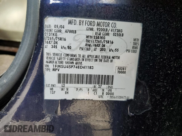 2004 Ford Excursion Eddie Bauer with VIN 1FMSU45P74ED41183, listed as a Copart auction lot 51973575 with 175,632 mi miles and Salvage Title. Bid and sale history available at DreamBid. Image 15.