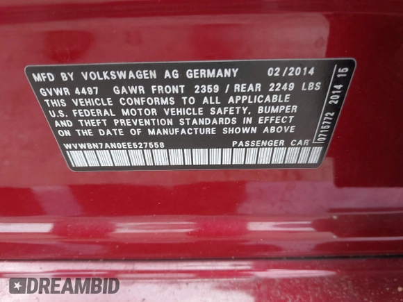 2014 Volkswagen CC Sport with VIN WVWBN7AN0EE527558, listed as a IAAI auction lot 41336204 with 130,005 mi miles and . Bid and sale history available at DreamBid. Image 9.