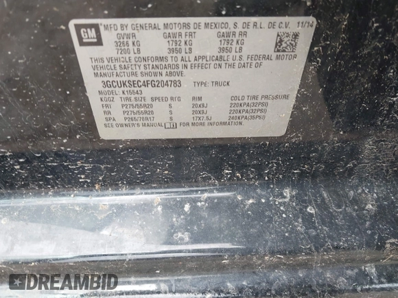 2015 Chevrolet Silverado 1500 LTZ with VIN 3GCUKSEC4FG204783, listed as a IAAI auction lot 42210982 with 130,447 mi miles and . Bid and sale history available at DreamBid. Image 9.