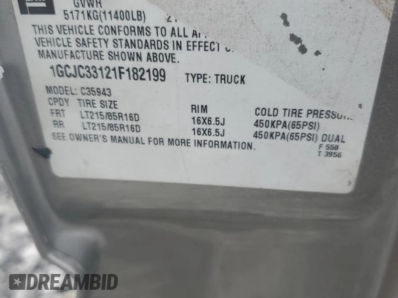 2001 Chevrolet Silverado 3500 LS z VIN 1GCJC33121F182199, wystawiony jako Copart lot #72530404 z przebiegiem 252 199 mil mil oraz Szkoda całkowita • Salvage title. Historia ofert i sprzedaży dostępna na DreamBid. Obrazek 15.