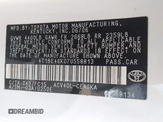 2007 Toyota Camry CE with VIN 4T1BE46K07U558813, listed as a IAAI auction lot 41901210 with 127,193 mi miles and . Bid and sale history available at DreamBid. Image 9.