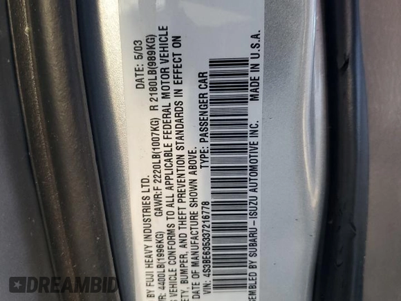 2003 Subaru Legacy L с VIN 4S3BE635337216778, выставлен на аукционе Copart как лот 79542204 с пробегом 161 388 миль миль и Списание • Salvage title. История ставок и продаж доступна на DreamBid. Изображение 12.