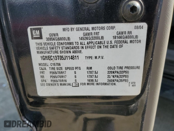 2005 Chevrolet Tahoe LT z VIN 1GNEC13T05J114811, wystawiony jako Copart lot #49456635 z przebiegiem 186 578 mil mil oraz Szkoda całkowita • Salvage title. Historia ofert i sprzedaży dostępna na DreamBid. Obrazek 13.