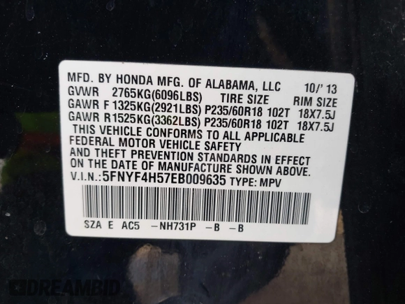 2014 Honda Pilot EX-L with VIN 5FNYF4H57EB009635, listed as a IAAI auction lot 41915219 with 272,017 mi miles. Bid and sale history available at carsss.com. Image 9.