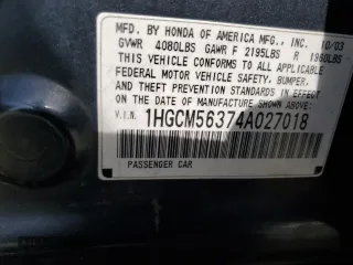 2004 Honda Accord LX z VIN 1HGCM56374A027018, wystawiony jako Copart lot #54768385 z przebiegiem 167 237 mil mil oraz Szkoda całkowita • Salvage title. Historia ofert i sprzedaży dostępna na DreamBid. Obrazek 12.