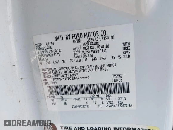 2014 Ford F-150 XL with VIN 1FTFW1ET0EFB72969, listed as a IAAI auction lot 42449899 with 126,275 mi miles and . Bid and sale history available at DreamBid. Image 9.