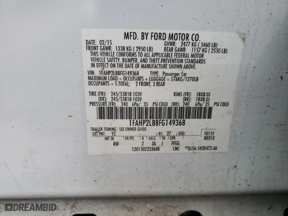 2015 Ford Sedan Police Interceptor with VIN 1FAHP2L88FG149368, listed as a Copart auction lot 58314574 with 155,383 mi miles and Salvage Title. Bid and sale history available at carsss.com. Image 12.