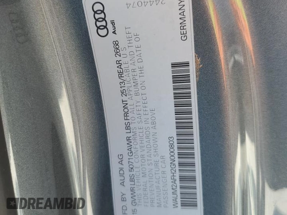 2016 Audi A5 Premium Plus with VIN WAUM2AFH2GN000803, listed as a Copart auction lot 76342954 with 0 mi miles and Non Repairable. Bid and sale history available at carsss.com. Image 13.