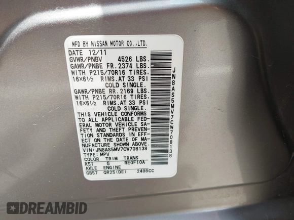 2012 Nissan Rogue S with VIN JN8AS5MV7CW708138, listed as a IAAI auction lot 42642301 with 121,296 mi miles and . Bid and sale history available at DreamBid. Image 9.