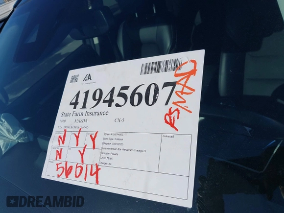 2019 Mazda CX-5 Touring with VIN JM3KFACM7K1534905, listed as a IAAI auction lot 41945607 with 56,014 mi miles. Bid and sale history available at carsss.com. Image 18.