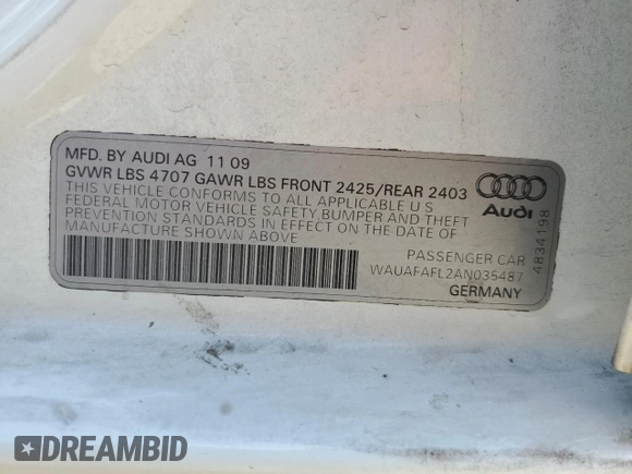 2010 Audi A4 2.0T Premium with VIN WAUAFAFL2AN035487, listed as a Copart auction lot 76090644 with 142,362 mi miles and Salvage Title. Bid and sale history available at carsss.com. Image 12.
