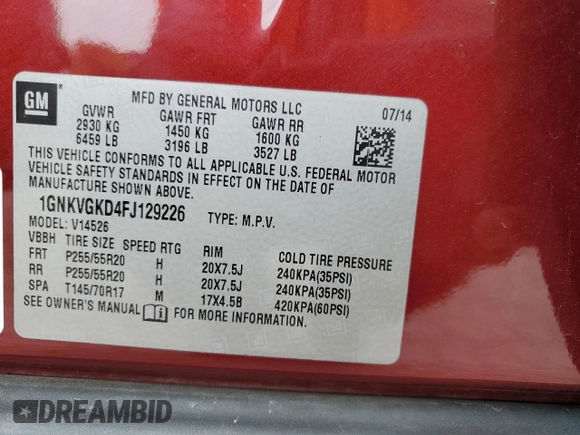 2015 Chevrolet Traverse LT with VIN 1GNKVGKD4FJ129226, listed as a Copart auction lot 57531004 with 106,057 mi miles and Salvage Title. Bid and sale history available at DreamBid. Image 13.