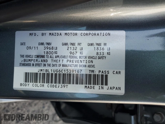 2012 Mazda 3 i Sport with VIN JM1BL1UG6C1539167, listed as a Copart auction lot 65281725 with 86,283 mi miles and Salvage title. Bid and sale history available at DreamBid. Image 12.
