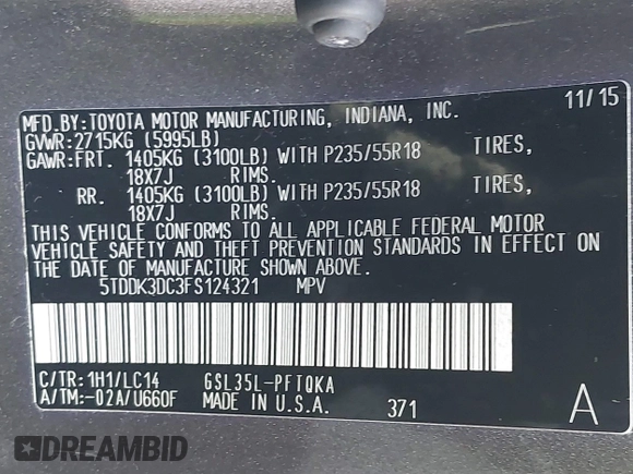 2015 Toyota Sienna Ltd with VIN 5TDDK3DC3FS124321, listed as a IAAI auction lot 41603367 with 120,922 mi miles. Bid and sale history available at carsss.com. Image 9.