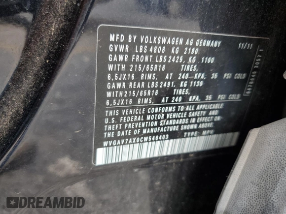 2012 Volkswagen Tiguan S with VIN WVGAV7AX0CW546403, listed as a Copart auction lot 65477915 with 121,489 mi miles and Salvage title. Bid and sale history available at DreamBid. Image 13.