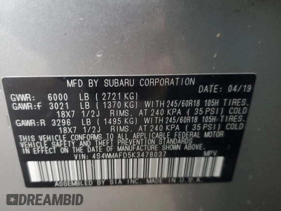 2019 Subaru Ascent Premium with VIN 4S4WMAFD5K3478037, listed as a Copart auction lot 57759605 with 58,139 mi miles and Salvage title. Bid and sale history available at DreamBid. Image 13.