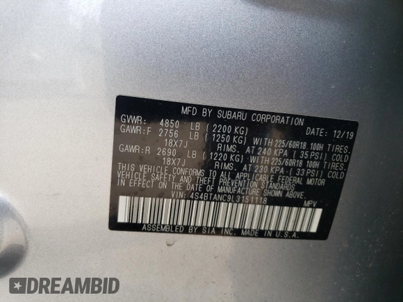 2020 Subaru Outback Limited z VIN 4S4BTANC9L3151118, wystawiony jako Copart lot #53000025 z przebiegiem Nie podano mil oraz Szkoda całkowita • Salvage title. Historia ofert i sprzedaży dostępna na DreamBid. Obrazek 12.