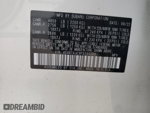 2023 Subaru Outback Onyx with VIN 4S4BTAJC9P3111309, listed as a Copart auction lot 63339405 with Not provided miles and Salvage title. Bid and sale history available at DreamBid. Image 14.