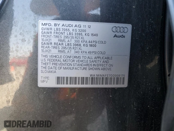 2013 Audi Q7 Prestige с VIN WA1WMAFE7DD008175, выставлен на аукционе Copart как лот 61269865 с пробегом 108 716 миль миль и Списание • Salvage title. История ставок и продаж доступна на DreamBid. Изображение 12.
