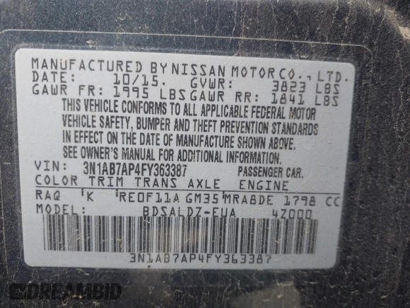 2015 Nissan Sentra S with VIN 3N1AB7AP4FY363387, listed as a IAAI auction lot 41862097 with 132,970 mi miles. Bid and sale history available at carsss.com. Image 9.