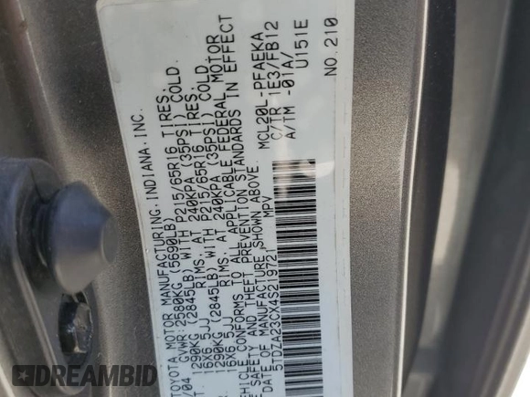 2004 Toyota Sienna CE with VIN 5TDZA23CX4S219721, listed as a Copart auction lot 52010105 with 200,887 mi miles and Salvage Title. Bid and sale history available at carsss.com. Image 14.