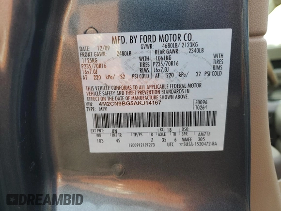 2010 Mercury Mariner with VIN 4M2CN9BG5AKJ14167, listed as a Copart auction lot 43030745 with 202,185 mi miles and Clean title. Bid and sale history available at DreamBid. Image 13.