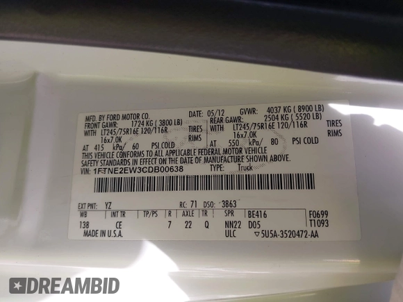 2012 Ford Econoline Cargo Recreational with VIN 1FTNE2EW3CDB00638, listed as a IAAI auction lot 42060588 with 161,091 mi miles and . Bid and sale history available at DreamBid. Image 9.