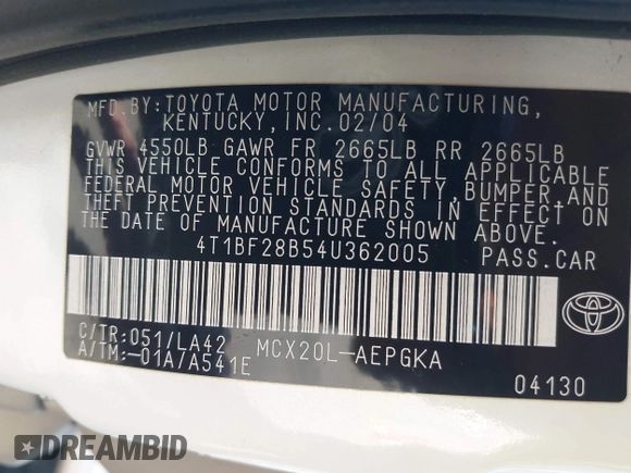 2004 Toyota Avalon XL z VIN 4T1BF28B54U362005, wystawiony jako IAAI lot #42174414 z przebiegiem 378 173 mil mil oraz . Historia ofert i sprzedaży dostępna na DreamBid. Obrazek 9.