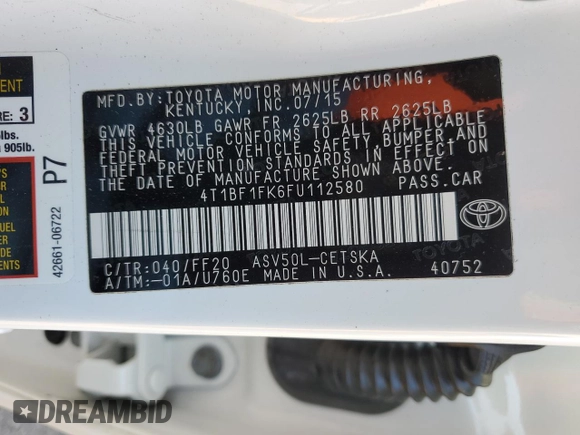 2015 Toyota Camry XLE with VIN 4T1BF1FK6FU112580, listed as a Copart auction lot 41678295 with 45,112 mi miles and Salvage Title. Bid and sale history available at carsss.com. Image 13.