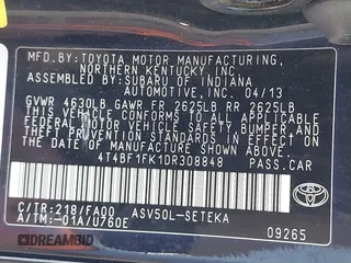 2013 Toyota Camry L with VIN 4T4BF1FK1DR308848, listed as a IAAI auction lot 42014028 with 192,645 mi miles. Bid and sale history available at carsss.com. Image 9.