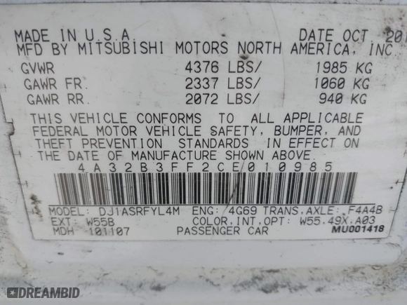 2012 Mitsubishi Galant ES with VIN 4A32B3FF2CE010985, listed as a IAAI auction lot 42087191 with 173,149 mi miles. Bid and sale history available at carsss.com. Image 9.