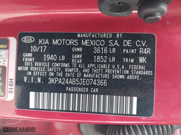 2018 Kia Rio LX with VIN 3KPA24AB5JE074366, listed as a IAAI auction lot 42079091 with 135,755 mi miles. Bid and sale history available at carsss.com. Image 9.
