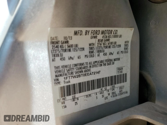 2014 Ford F-250 XL z VIN 1FT7W2BT0EEA72147, wystawiony jako Copart lot #56687075 z przebiegiem 150 008 mil mil oraz Szkoda całkowita • Salvage title. Historia ofert i sprzedaży dostępna na DreamBid. Obrazek 13.