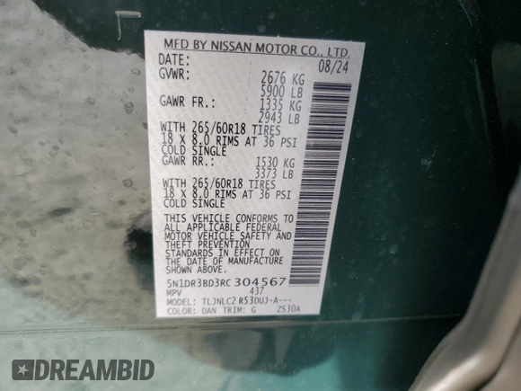 2024 Nissan Pathfinder Rock Creek z VIN 5N1DR3BD3RC304567, wystawiony jako Copart lot #50443925 z przebiegiem Nie podano mil oraz Nie do naprawy • Non repairable. Historia ofert i sprzedaży dostępna na DreamBid. Obrazek 15.