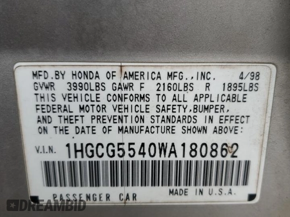 1998 Honda Accord LX with VIN 1HGCG5540WA180862, listed as a Copart auction lot 87071084 with 394,803 mi miles and Salvage title. Bid and sale history available at DreamBid. Image 14.