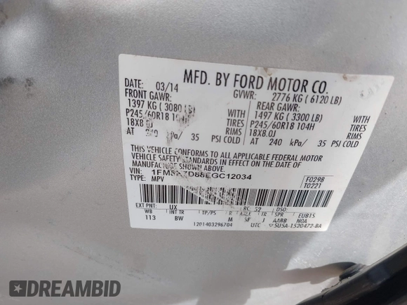 2014 Ford Explorer XLT with VIN 1FM5K7D88EGC12034, listed as a IAAI auction lot 41547902 with 122,082 mi miles and . Bid and sale history available at DreamBid. Image 9.