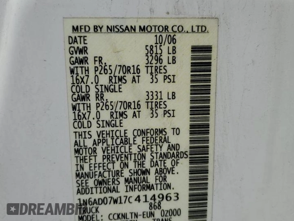 2007 Nissan Frontier Nismo с VIN 1N6AD07W17C414963, выставлен на аукционе Copart как лот 55517895 с пробегом 207 724 миль миль и Списание • Salvage title. История ставок и продаж доступна на DreamBid. Изображение 12.