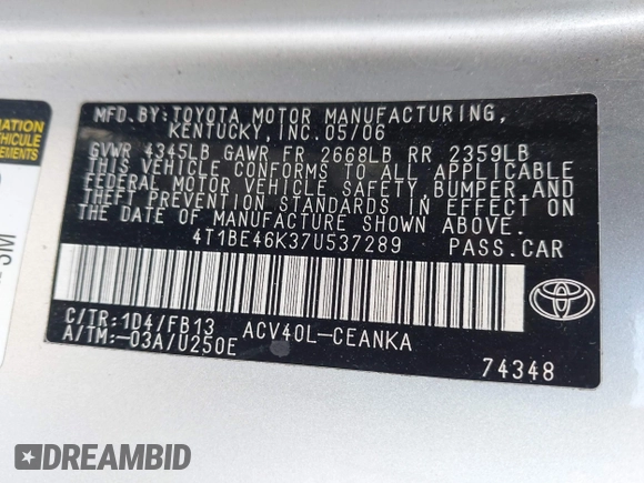 2007 Toyota Camry CE with VIN 4T1BE46K37U537289, listed as a IAAI auction lot 42186233 with 132,361 mi miles and . Bid and sale history available at DreamBid. Image 9.
