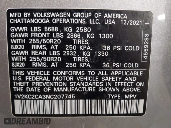 2022 Volkswagen Atlas SE with VIN 1V2KC2CA3NC207745, listed as a IAAI auction lot 41588761 with 99,206 mi miles and . Bid and sale history available at DreamBid. Image 9.