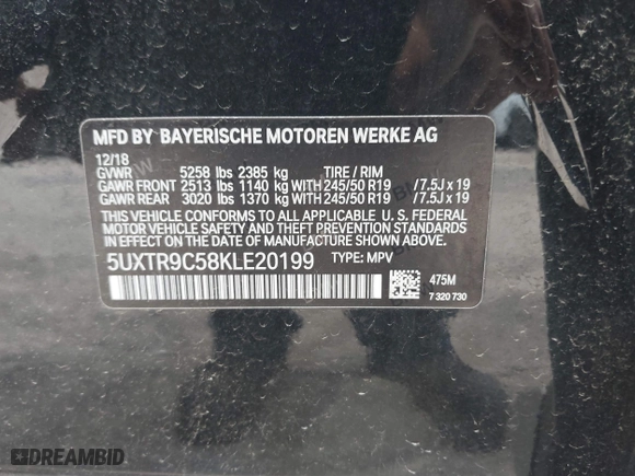 2019 BMW X3 xDrive30i with VIN 5UXTR9C58KLE20199, listed as a IAAI auction lot 35088283 with 36,857 mi miles. Bid and sale history available at carsss.com. Image 9.