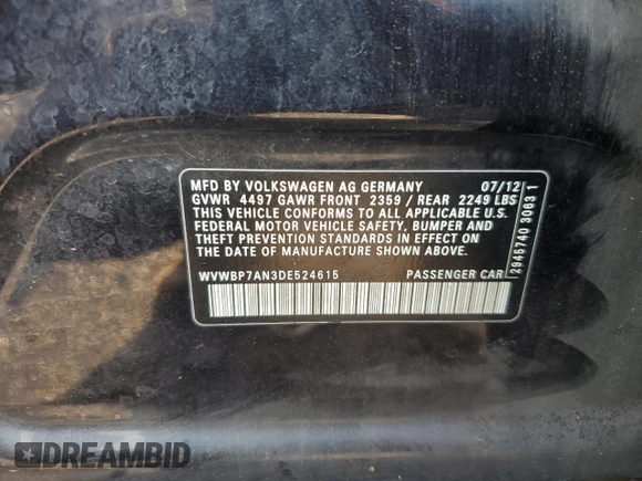 2013 Volkswagen CC Sport Plus z VIN WVWBP7AN3DE524615, wystawiony jako Copart lot #57506575 z przebiegiem 153 641 mil mil oraz Szkoda całkowita • Salvage title. Historia ofert i sprzedaży dostępna na DreamBid. Obrazek 13.