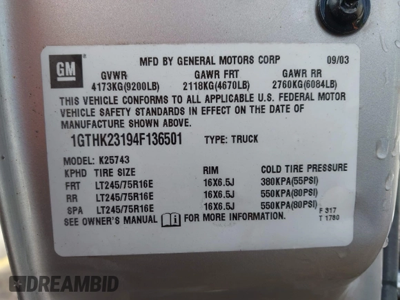 2004 GMC Sierra 2500HD with VIN 1GTHK23194F136501, listed as a IAAI auction lot 42204491 with 226,947 mi miles and . Bid and sale history available at DreamBid. Image 9.