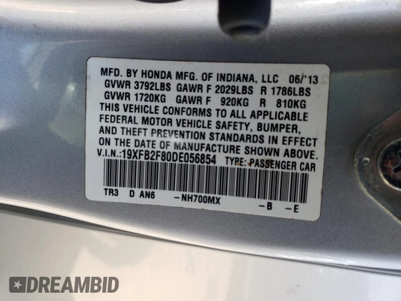 2013 Honda Civic EX with VIN 19XFB2F80DE056854, listed as a Copart auction lot 55434115 with Not Provided miles and Clean Title. Bid and sale history available at DreamBid. Image 12.